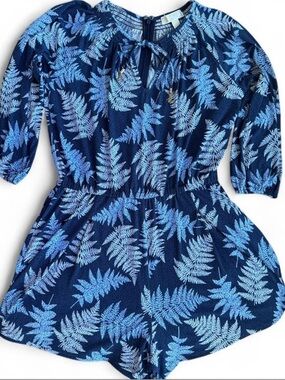 Michael Michael Kors Women's Blue Floral 3/4 Sleeve Polyester Zip Romper L